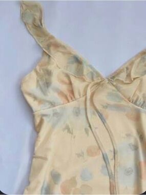 Soft Yellow Satin Slip Dress with Pastel Polka Print